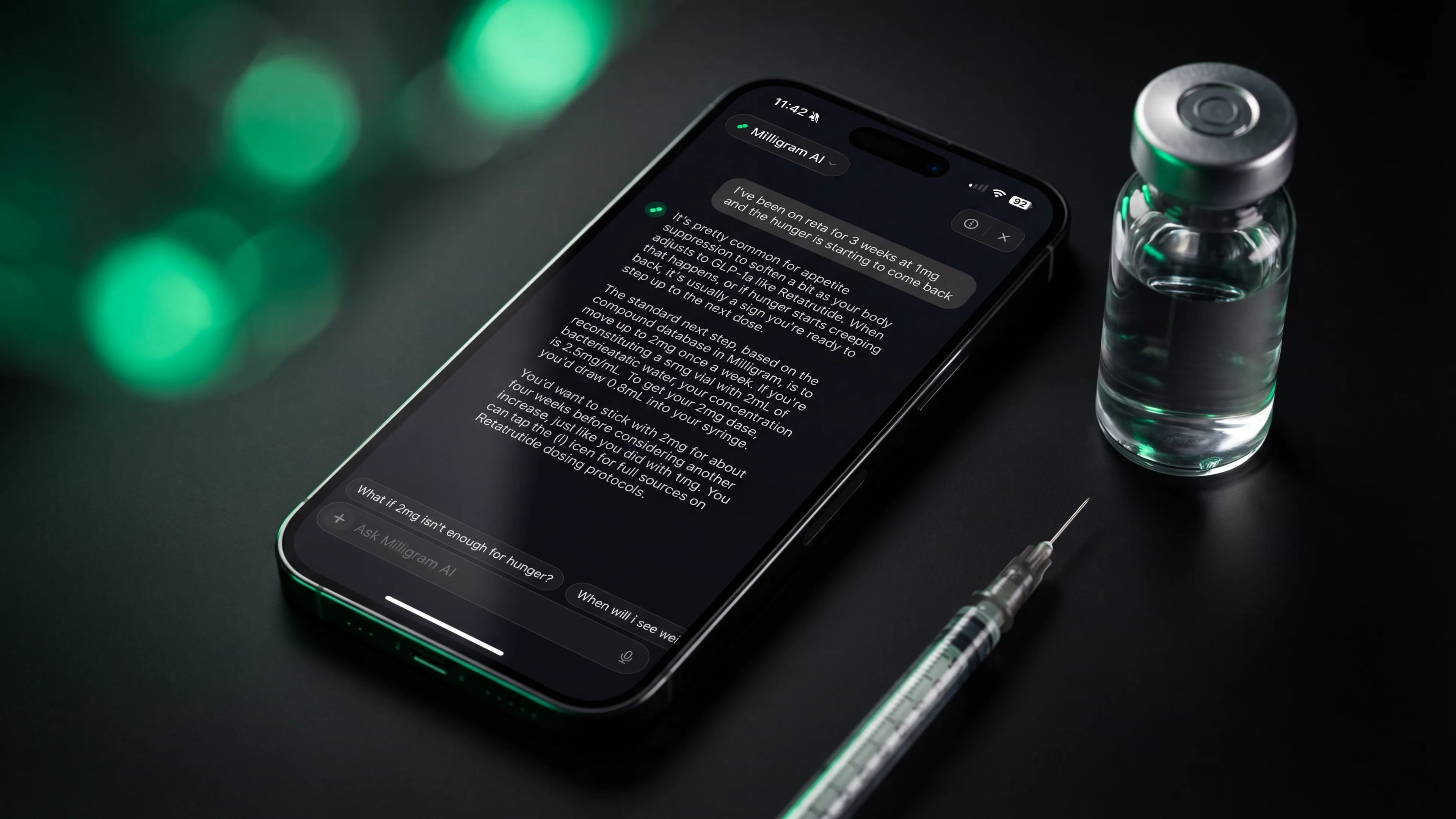 Milligram AI chat interface on iPhone